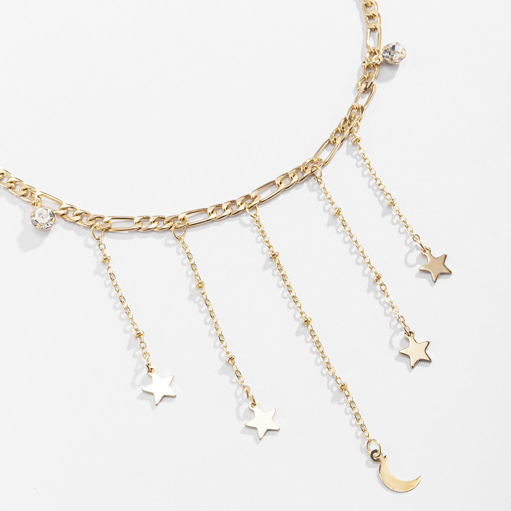 Multilayer Bohemia Women Gold Color Crystals Moon Star Charming Statement Chain Choker Necklaces Wedding Jewelry
