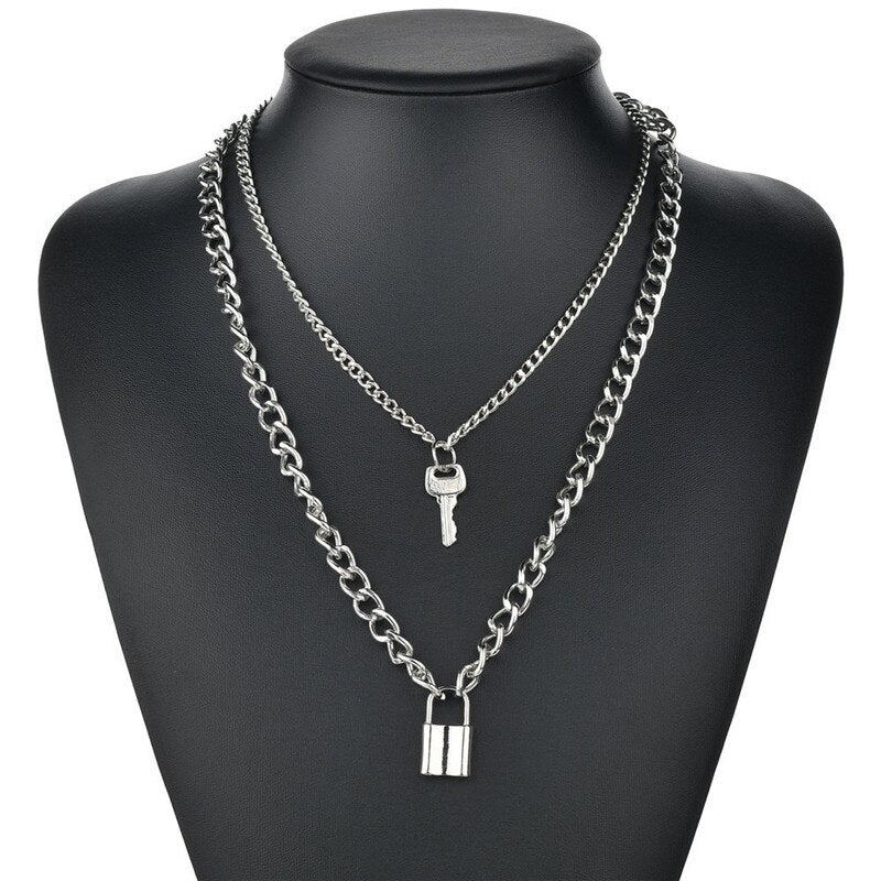 Punk Multilayer Lock Chain Necklace Padlock Key Necklace Pendant Women Gothic Party Jewelry Gift
