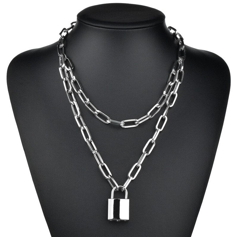 Punk Multilayer Lock Chain Necklace Padlock Key Necklace Pendant Women Gothic Party Jewelry Gift
