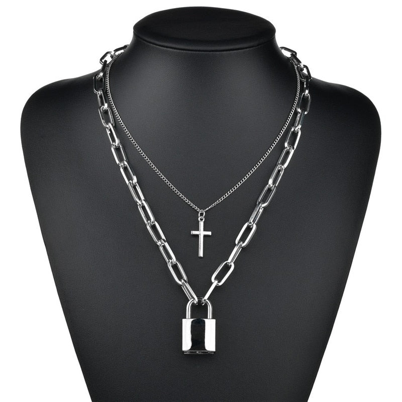 Punk Multilayer Lock Chain Necklace Padlock Key Necklace Pendant Women Gothic Party Jewelry Gift