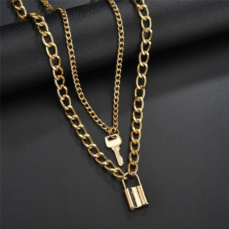 Punk Multilayer Lock Chain Necklace Padlock Key Necklace Pendant Women Gothic Party Jewelry Gift