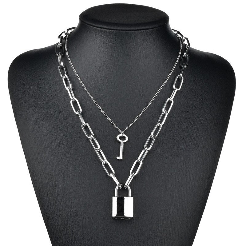 Punk Multilayer Lock Chain Necklace Padlock Key Necklace Pendant Women Gothic Party Jewelry Gift