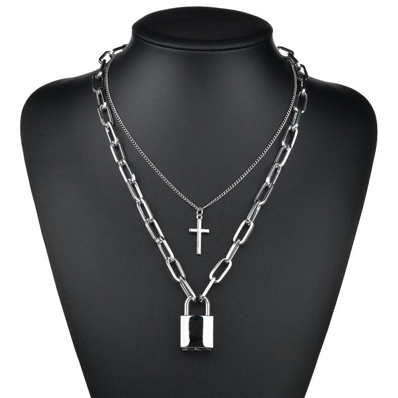 Punk Multilayer Lock Chain Necklace Padlock Key Necklace Pendant Women Gothic Party Jewelry Gift