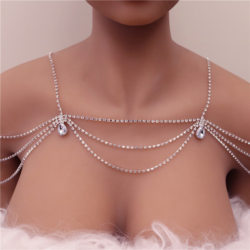 Unique Rhinestone Shoulder Chain Wedding Bridal Jewelry Sexy Shoulder Body Chain Bling Crystal Water Drop Necklace