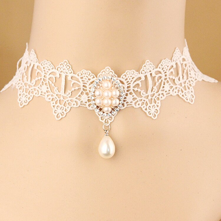 Vintage Sweet Lolita Imitation Pearl White Lace Choker Necklaces Bridal Jewelry For Women Wedding Party FY-122