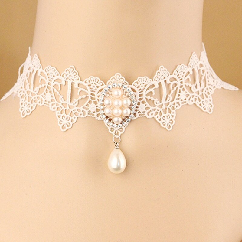Vintage Sweet Lolita Imitation Pearl White Lace Choker Necklaces Bridal Jewelry For Women Wedding Party FY-122