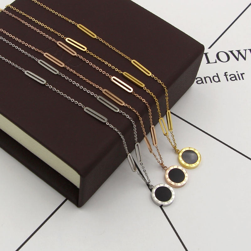 Women Necklace Stainless Steel Black White Shell Necklaces With Roman Numeral  Women Wedding Jewelry Collars N078