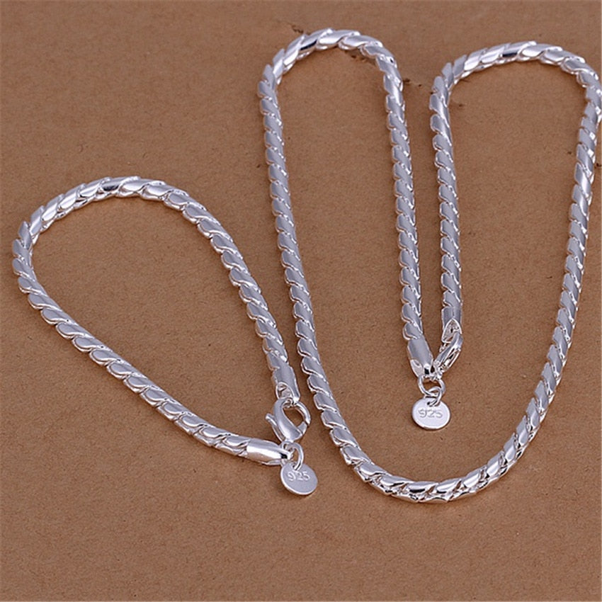 classic 925 sterling Silver 4MM Twisted rope chain Bracelets necklace Jewelry set for Women man Party wedding Gifts
