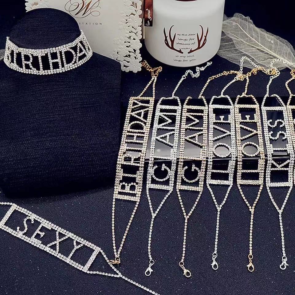 sexy 6 letters Rhinestone Necklace for women kissing love letter sparkling crystal necklace wedding party jewelry gifts