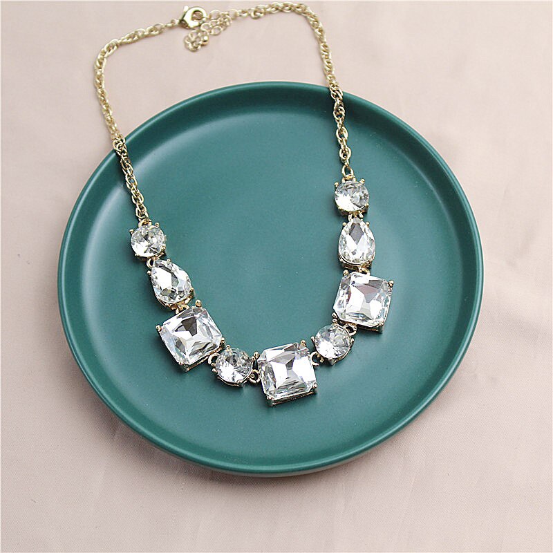 Female Full Shiny Crystal Jewelry Charm Gold Color Wedding Statement Necklace For Women  Bridal Clavicle Chain Necklace