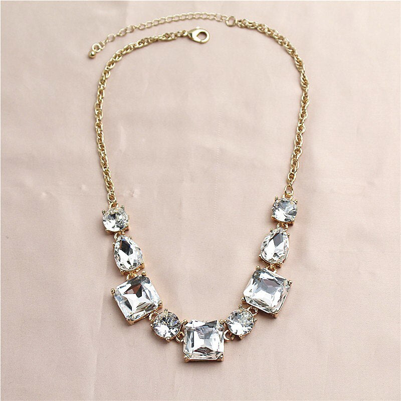 Female Full Shiny Crystal Jewelry Charm Gold Color Wedding Statement Necklace For Women  Bridal Clavicle Chain Necklace