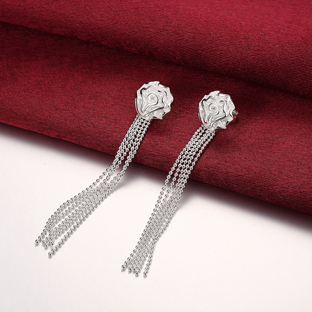 Fine 925 sterling Silver Pretty rose flower necklace earrings rings for women Jewelry set Party wedding accessories gift
