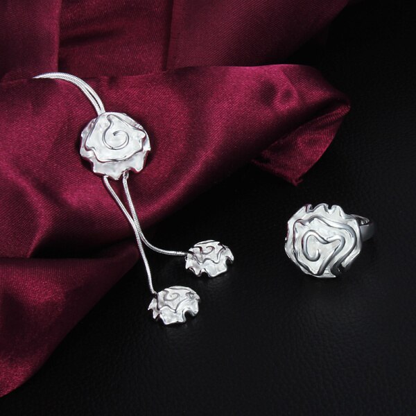 Fine 925 sterling Silver romantic rose flower necklace rings for women wedding accessories Jewelry set Party Couple gift
