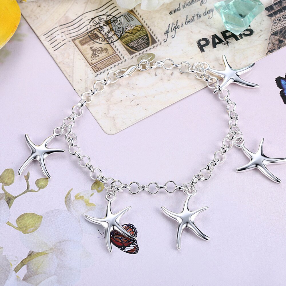 Fine Pretty five starfish Pendant 925 sterling silver Bracelet for woman  jewelry wedding accessories party gifts