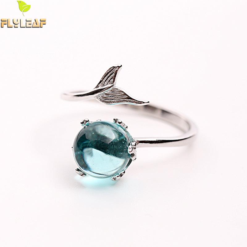 Brand 100% 925 Sterling Silver Blue Crystal Mermaid Bubble Open Rings For Women Creative Fashion Jewelry