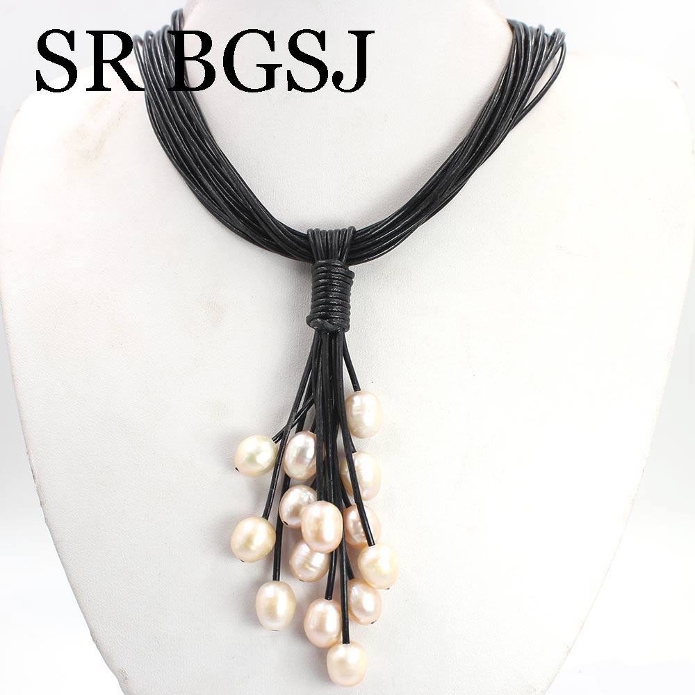 10-12mm Mixed Freshwater Pink Pearl Beads Black Leather Cord Magnetic Jewelry Necklace 18"