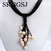 10-12mm Mixed Freshwater Pink Pearl Beads Black Leather Cord Magnetic Jewelry Necklace 18"