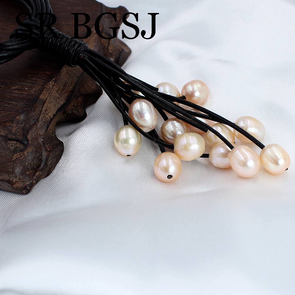 10-12mm Mixed Freshwater Pink Pearl Beads Black Leather Cord Magnetic Jewelry Necklace 18"
