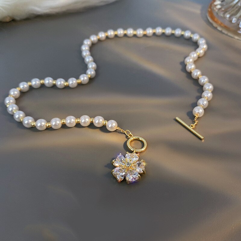 French Romantic Style Flowers Necklaces For Women Vintage Pearl Bohemian Design Clavicle Chain Dainty Simple Wedding Jewelry