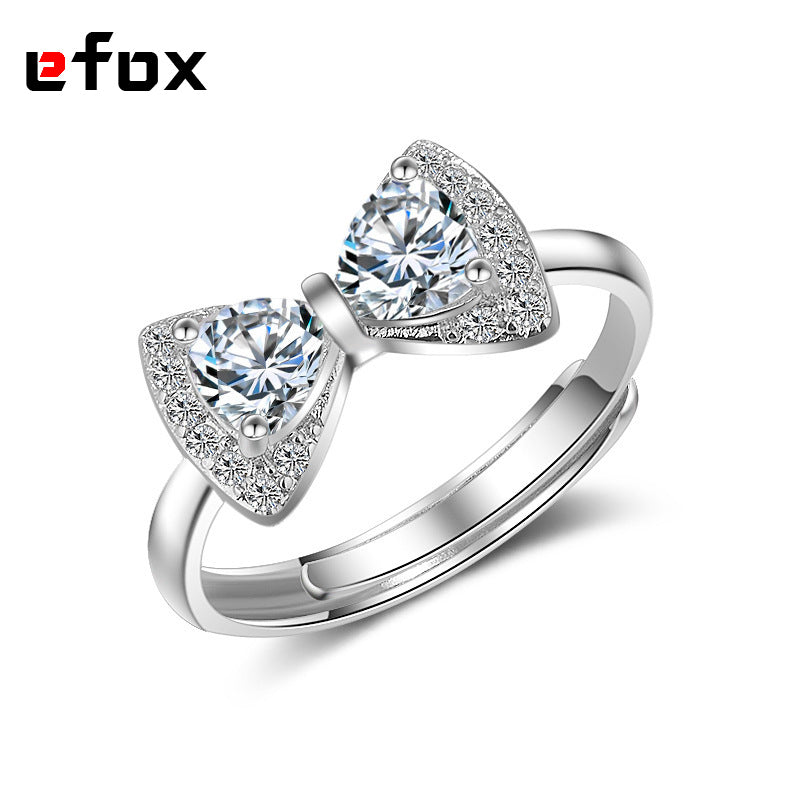 Full Crystal Rhinestone Bowknot Ring Resizable Big Zircon Silver And Rose Gold Plating Bow Ring For Women Crystal Wedding Ring