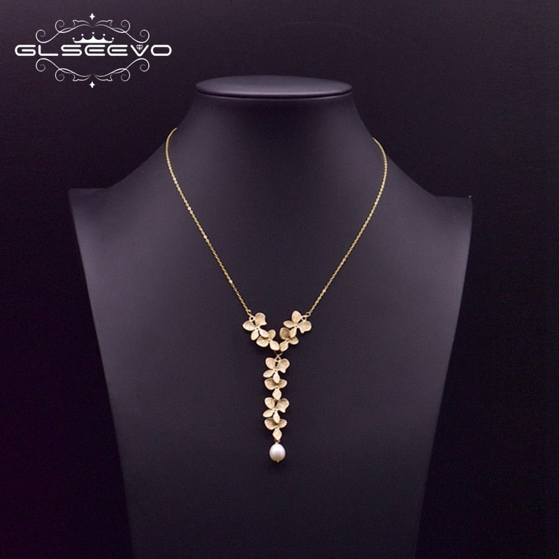 GLSEEVO Fresh Water White Real Pearl Pendant Necklace For Women Engagement Party Flower Vintage Handmade  Jewelry GN0155