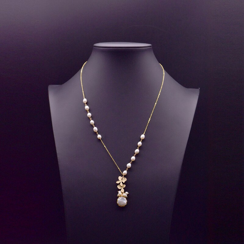 GLSEEVO Fresh Water White Real Pearl Pendant Necklace For Women Engagement Party Flower Vintage Handmade  Jewelry GN0155