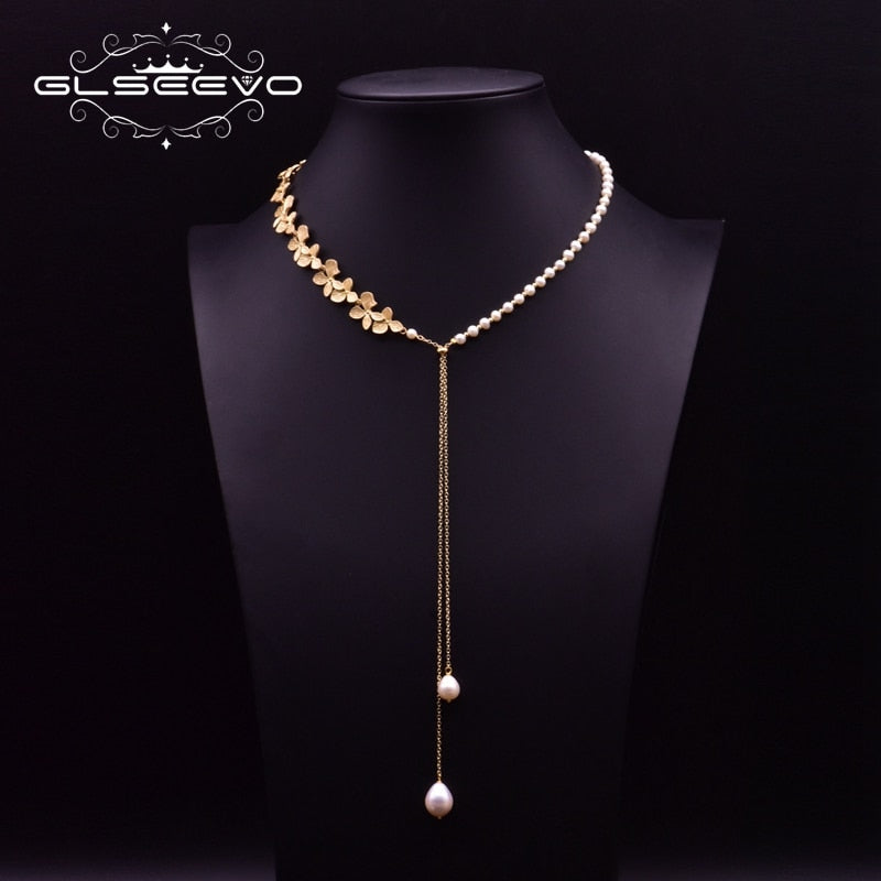 GLSEEVO Fresh Water White Real Pearl Pendant Necklace For Women Engagement Party Flower Vintage Handmade  Jewelry GN0155