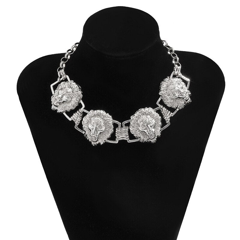 GSOLD Hip-Hop Exaggerated multiple Lion Heads Choker Necklace Metal Charm Necklace Women Street Style Jewelry Party