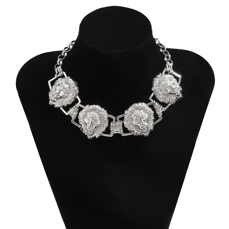 GSOLD Hip-Hop Exaggerated multiple Lion Heads Choker Necklace Metal Charm Necklace Women Street Style Jewelry Party