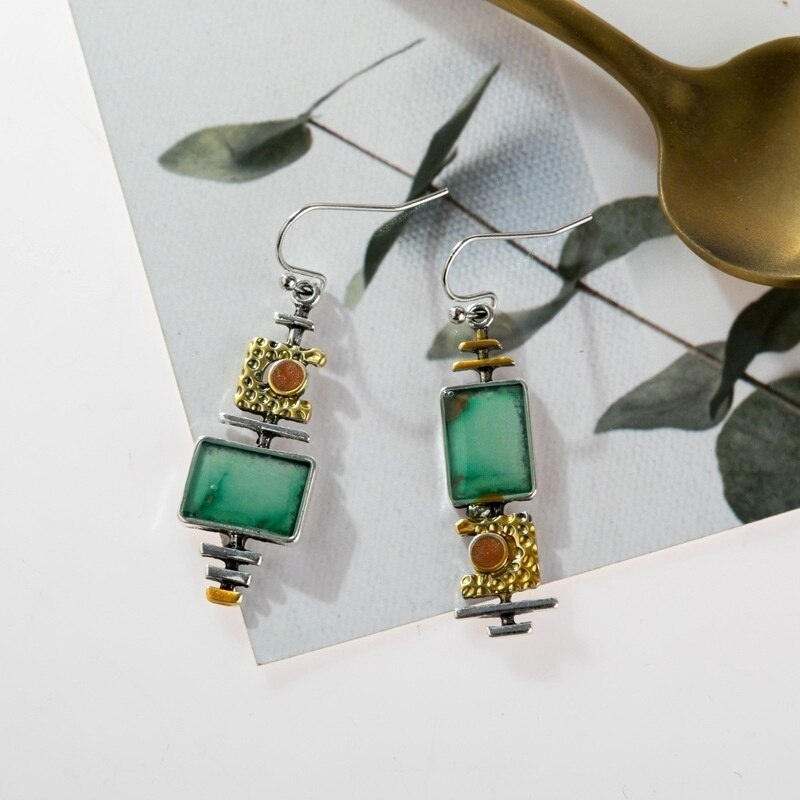 Geometric Asymmetric Green Stone Inlaid Pendant Earrings For Women Trendy Bohemian Crystal Inlaid Eardrop Party Accessories