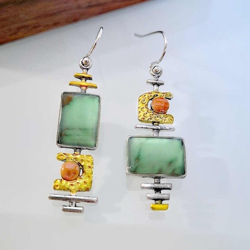 Geometric Asymmetric Green Stone Inlaid Pendant Earrings For Women Trendy Bohemian Crystal Inlaid Eardrop Party Accessories