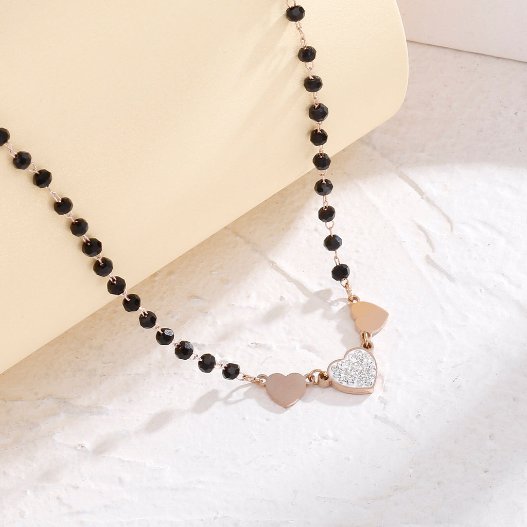 Gold Plate Cubic Zirconia Black Beads Crystal  Heart Adjusta Necklace Gift For Woman Trendy Wedding Party Female Jewelry New
