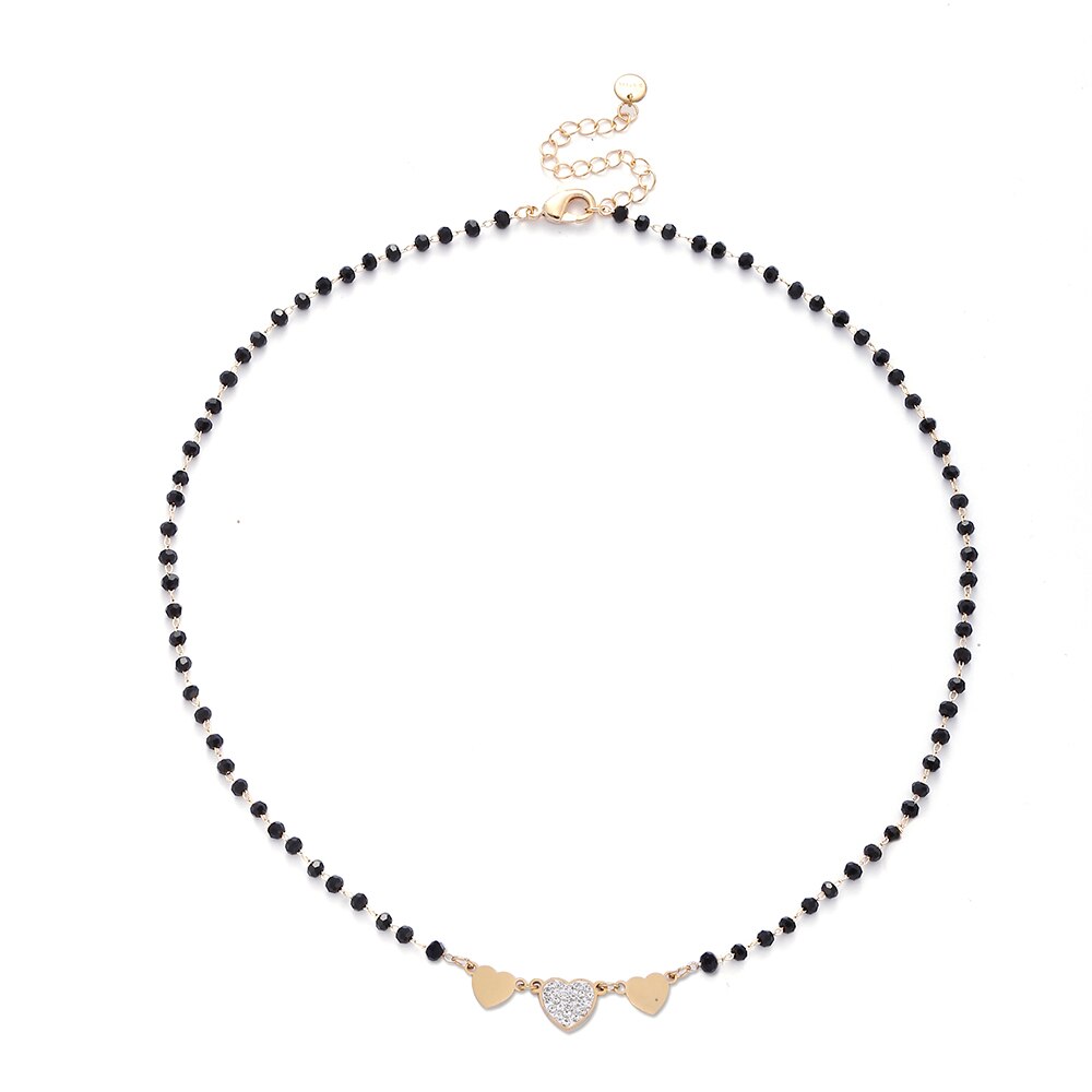 Gold Plate Cubic Zirconia Black Beads Crystal  Heart Adjusta Necklace Gift For Woman Trendy Wedding Party Female Jewelry New