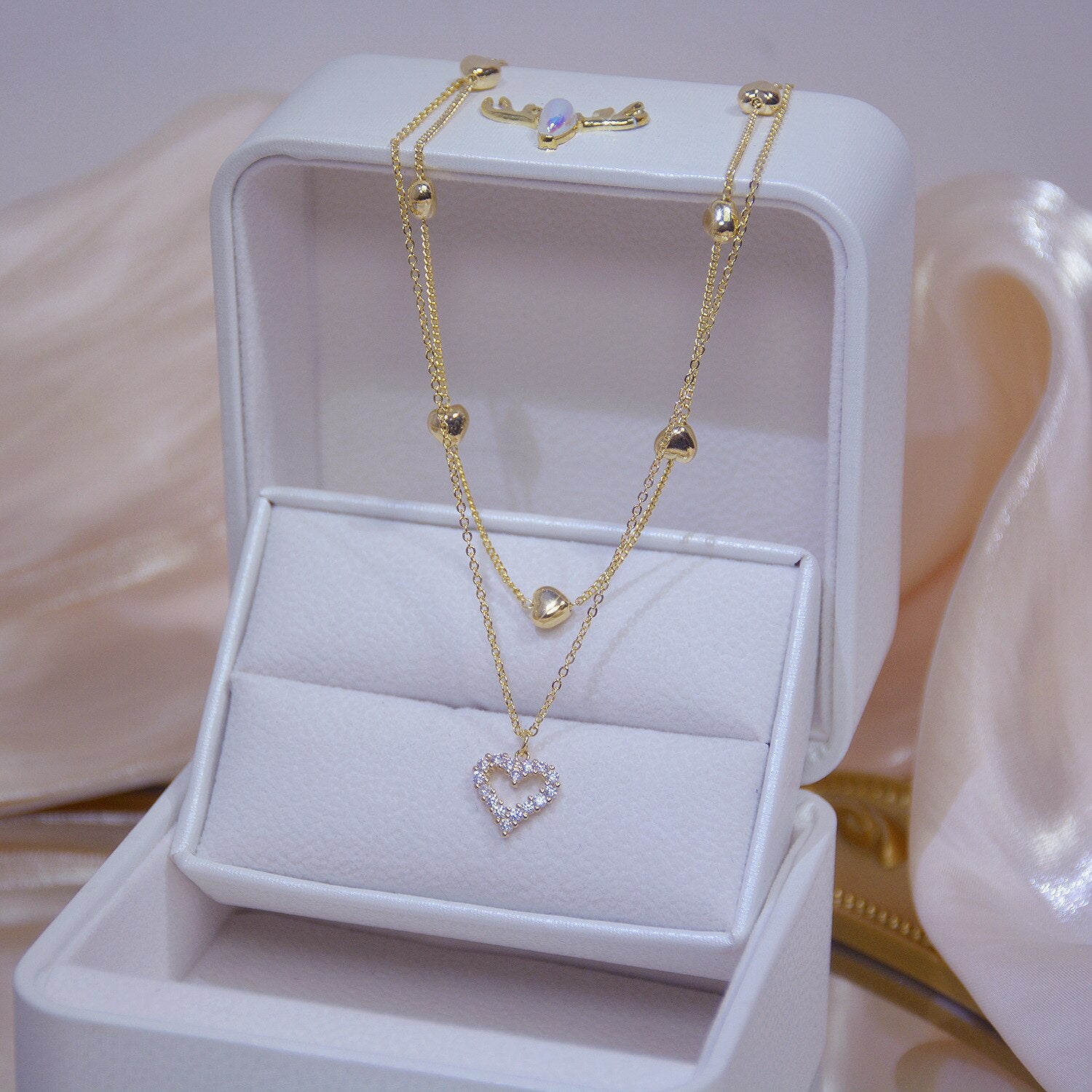 Gold Plated Double Layer Heart Necklace Shining Bling AAA Zircon Romantic Girl Clavicle Chain Elegant Charm Lady Wedding Jewelry