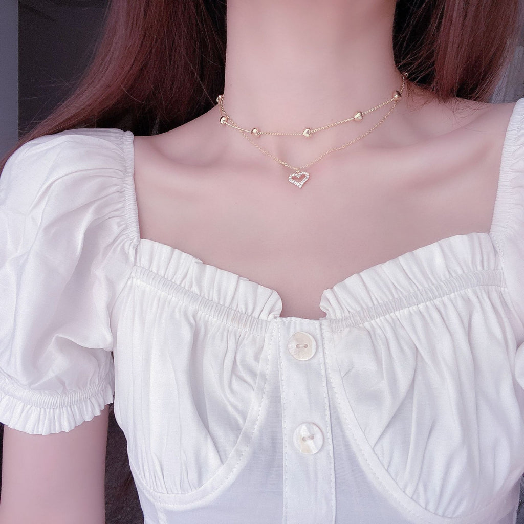 Gold Plated Double Layer Heart Necklace Shining Bling AAA Zircon Romantic Girl Clavicle Chain Elegant Charm Lady Wedding Jewelry