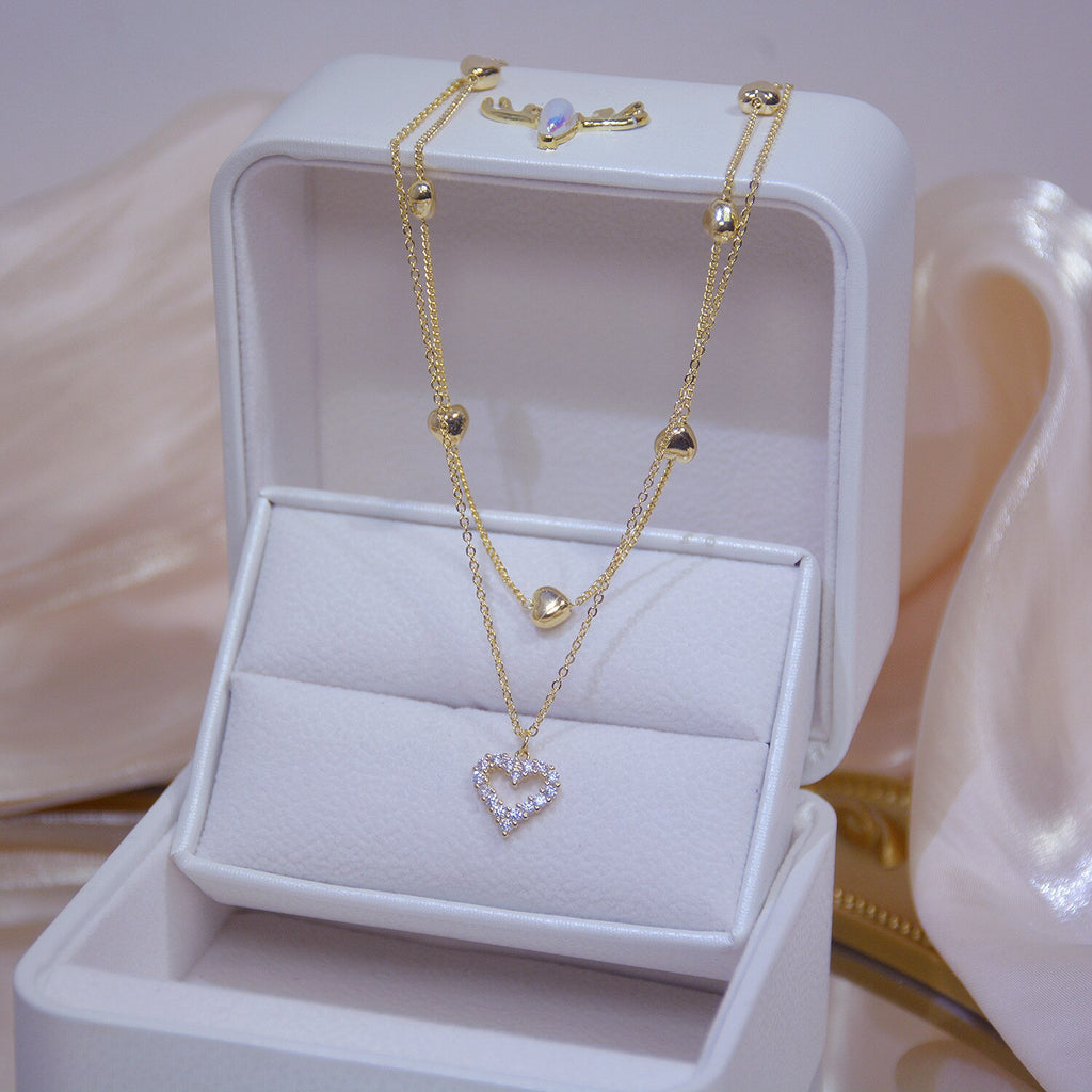 Gold Plated Double Layer Heart Necklace Shining Bling AAA Zircon Romantic Girl Clavicle Chain Elegant Charm Lady Wedding Jewelry