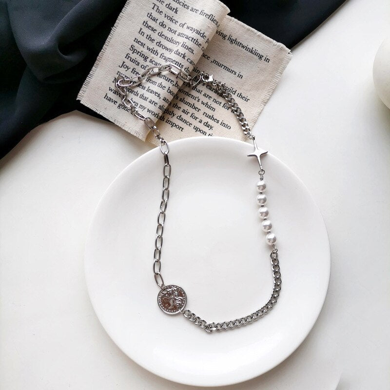 Golden Gothic Baroque Women's Long Necklace Crystal Pearl Coin Portrait Pendant Irregular Multilayer Punk Wedding Party Jewelry