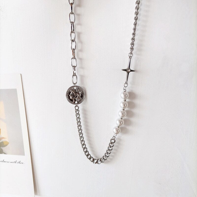 Golden Gothic Baroque Women's Long Necklace Crystal Pearl Coin Portrait Pendant Irregular Multilayer Punk Wedding Party Jewelry