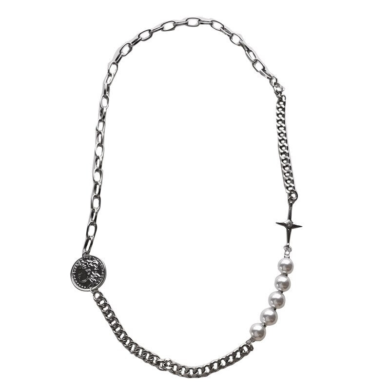 Golden Gothic Baroque Women's Long Necklace Crystal Pearl Coin Portrait Pendant Irregular Multilayer Punk Wedding Party Jewelry