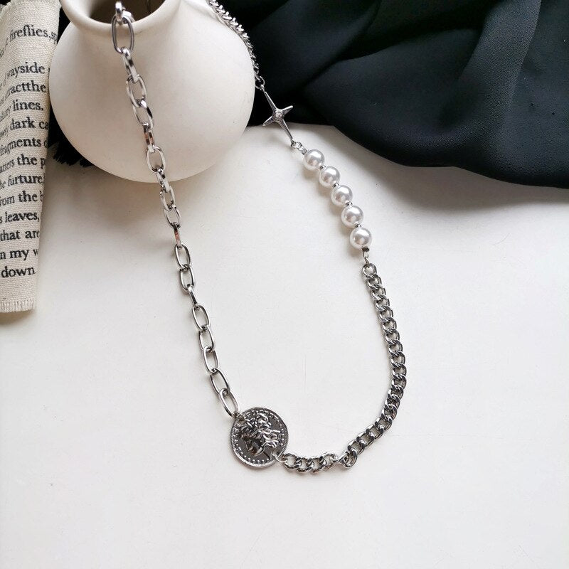 Golden Gothic Baroque Women's Long Necklace Crystal Pearl Coin Portrait Pendant Irregular Multilayer Punk Wedding Party Jewelry