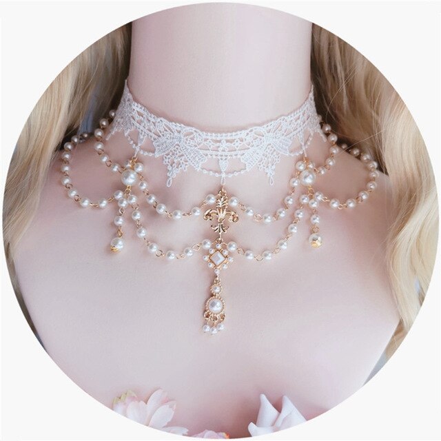 Gorgeous Vintage Rococo Style Wedding Lolita Princess Multilayer Pearl Lace Gem Necklace Collarbone Chain Necklet