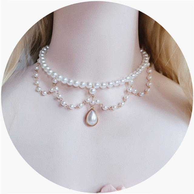 Gorgeous Vintage Rococo Style Wedding Lolita Princess Multilayer Pearl Lace Gem Necklace Collarbone Chain Necklet