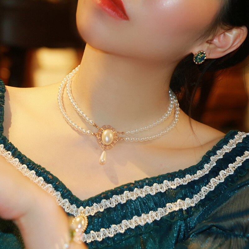 Gorgeous Vintage Rococo Style Wedding Lolita Princess Multilayer Pearl Lace Gem Necklace Collarbone Chain Necklet
