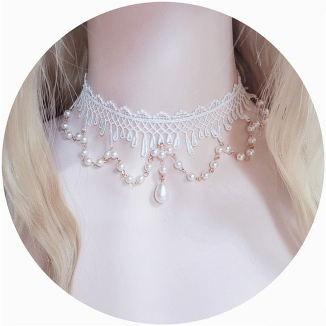 Gorgeous Vintage Rococo Style Wedding Lolita Princess Multilayer Pearl Lace Gem Necklace Collarbone Chain Necklet