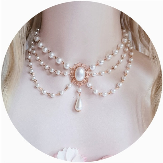 Gorgeous Vintage Rococo Style Wedding Lolita Princess Multilayer Pearl Lace Gem Necklace Collarbone Chain Necklet