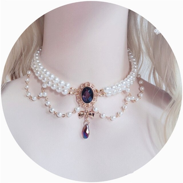 Gorgeous Vintage Rococo Style Wedding Lolita Princess Multilayer Pearl Lace Gem Necklace Collarbone Chain Necklet