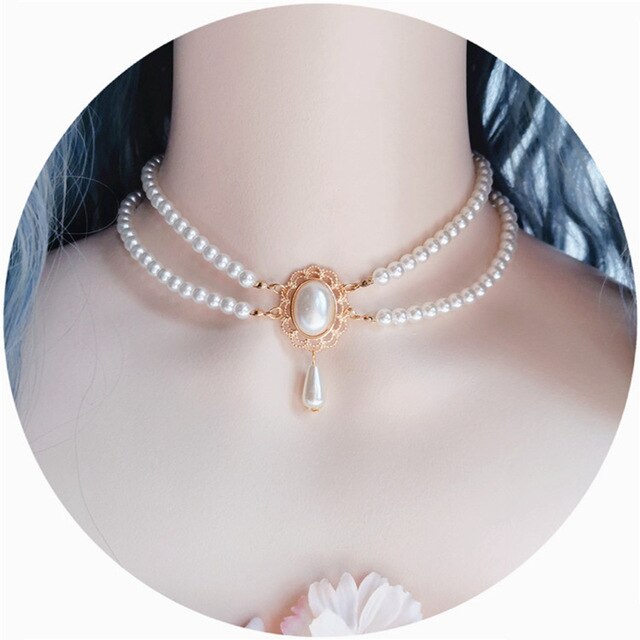 Gorgeous Vintage Rococo Style Wedding Lolita Princess Multilayer Pearl Lace Gem Necklace Collarbone Chain Necklet