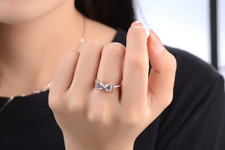 925 Stamp Silver Color Bowknot Zircon Adjustable Open Finger Rings For Women Girls Wedding Dorpshipping Anelli Party Jewelry