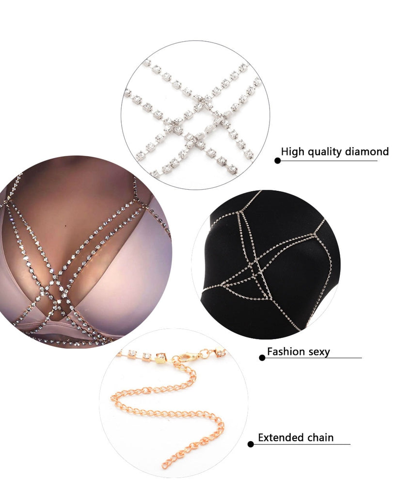 Sexy Rhinestone Body Chain for Women Boho Jewelry Cross Chest Chain Shining Crystal Party Wedding Chest Decoration Accessory