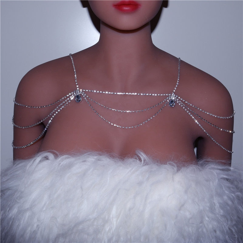 Unique Rhinestone Shoulder Chain Wedding Bridal Jewelry Sexy Shoulder Body Chain Bling Crystal Water Drop Necklace